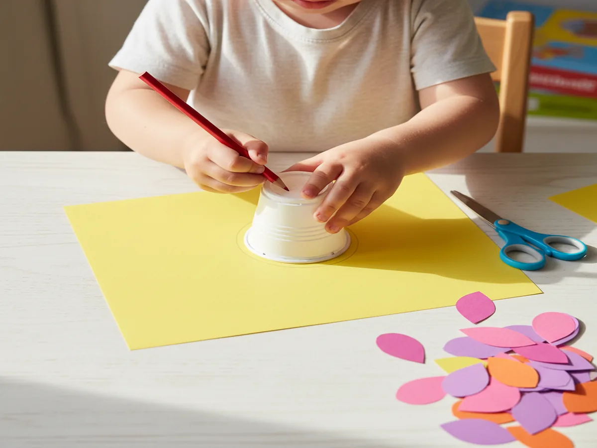 Child cutting out colorful paper circles and petal shapes from construction paper with kid-safe scissors, scraps scat...