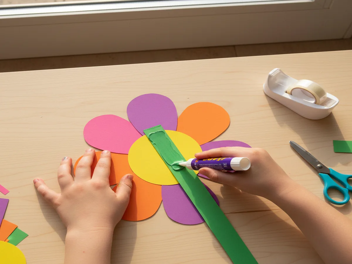 Child gluing a green paper strip stem and green paper leaves onto the back of the finished paper flower on a white ba...