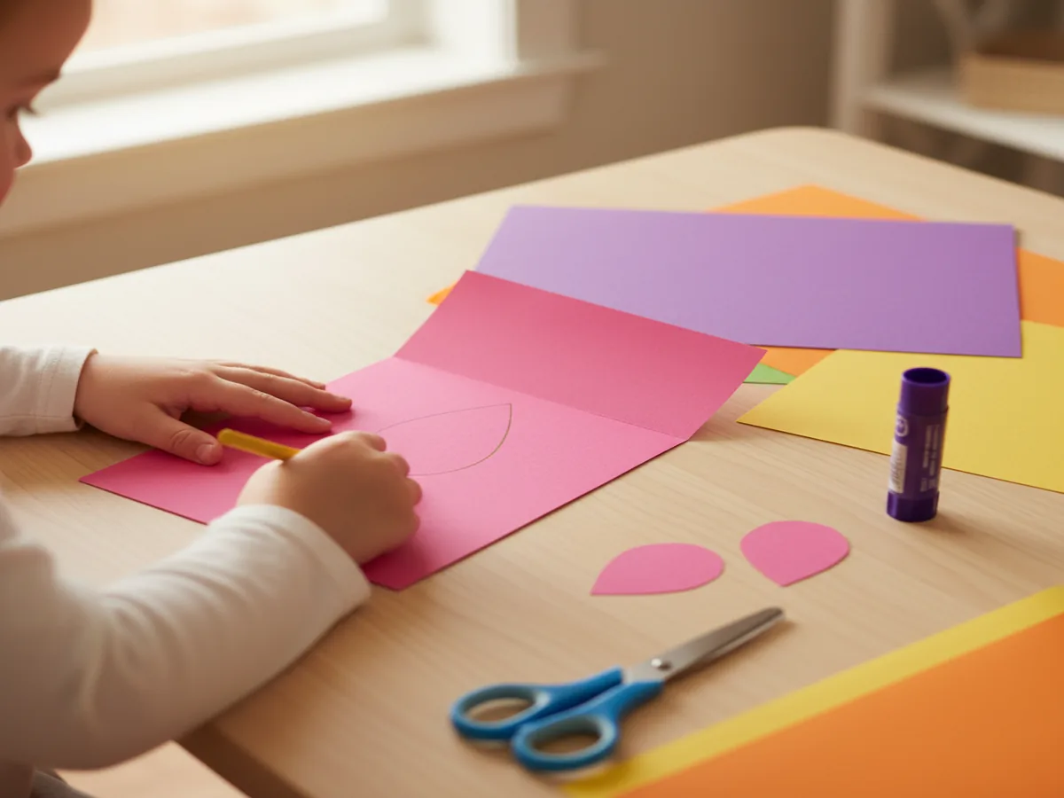 Child's hands tracing small circles on colorful construction paper using a round template, with scissors and a glue s...