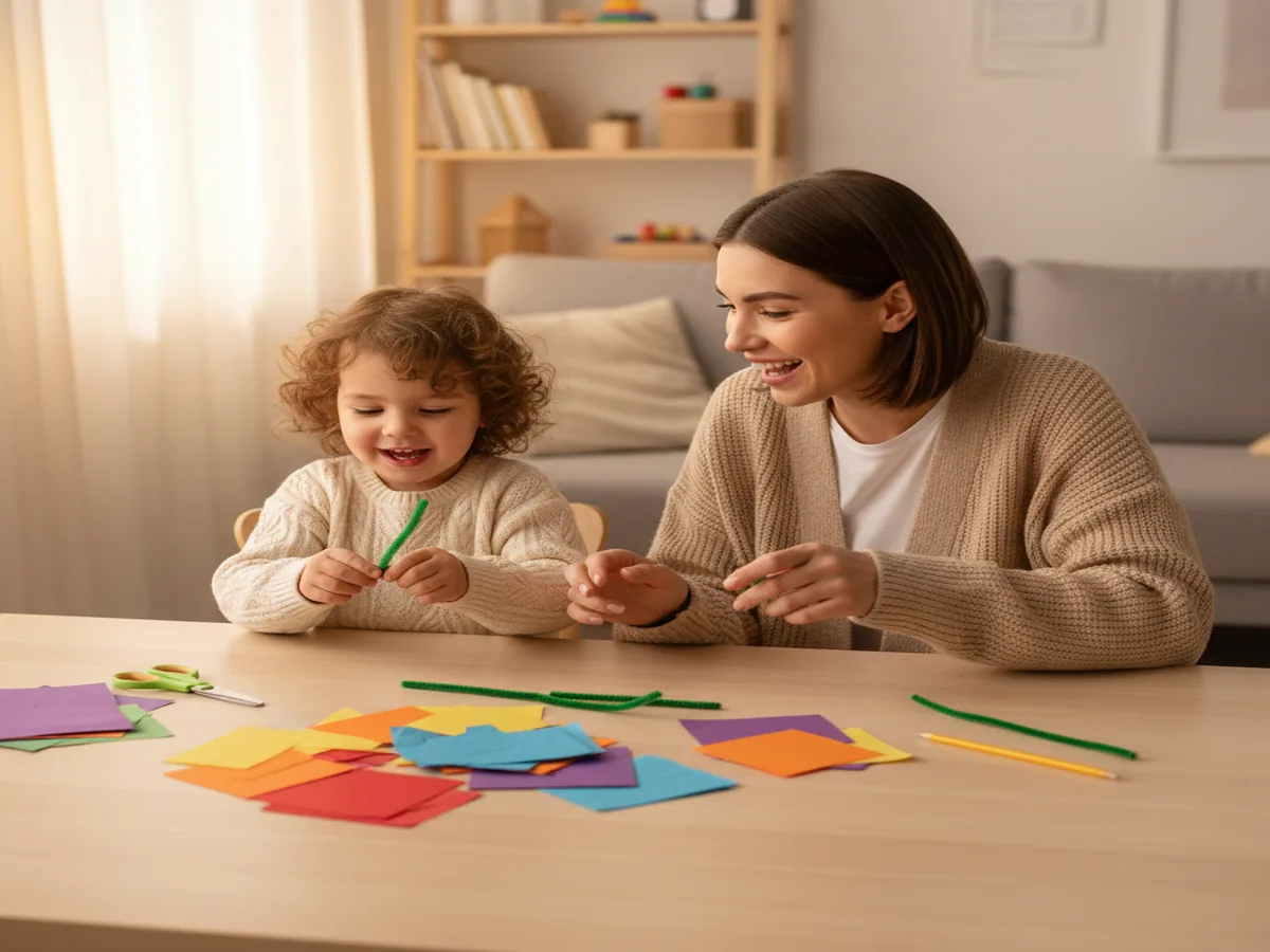 A mom and young child sitting together at a craft table, excited to start making a paper flower craft