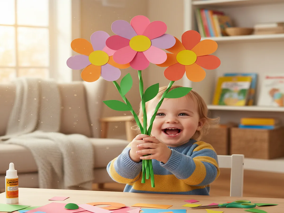 Proud toddler holding up a cheerful completed paper flower bouquet made of multiple colorful flowers arranged togethe...