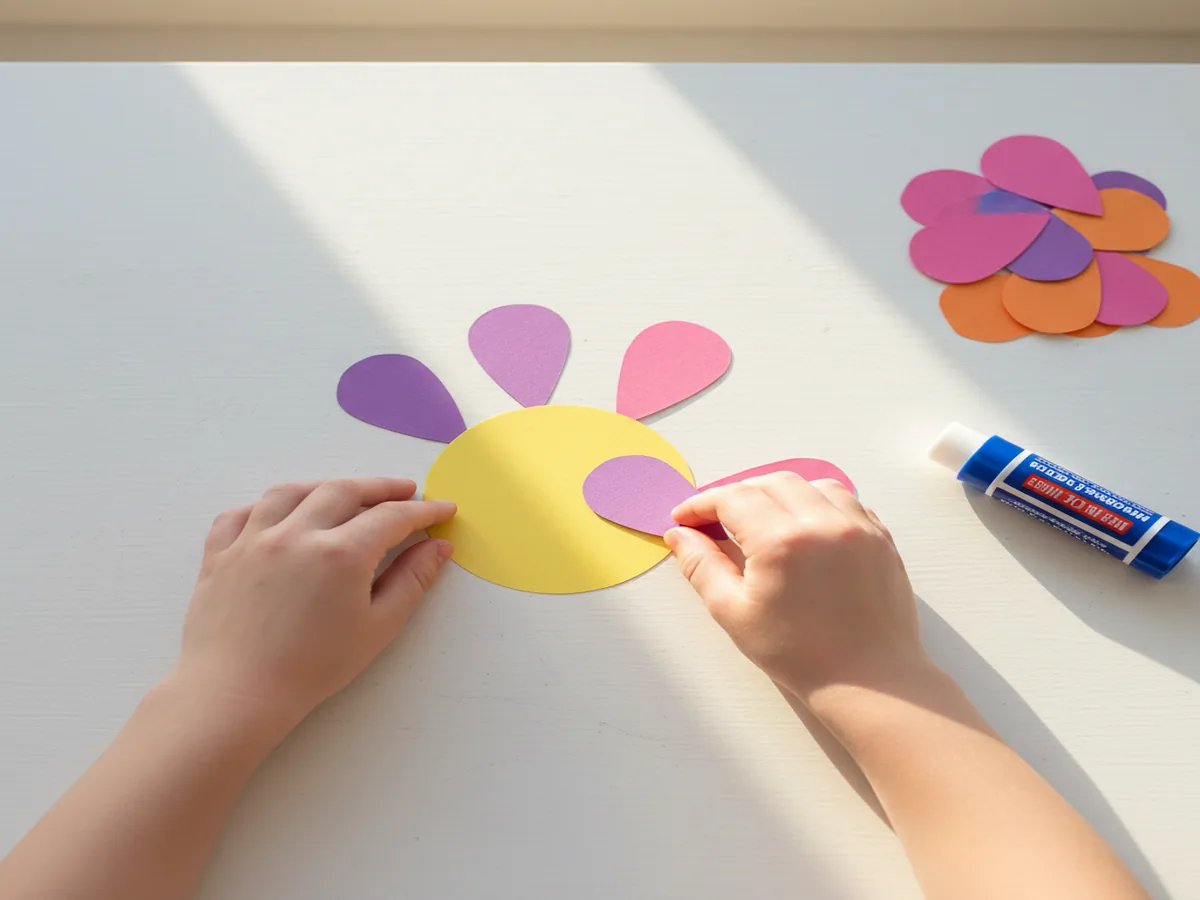 Small hands layering and gluing paper petal cutouts around a yellow paper circle center to form a flower shape on a c...