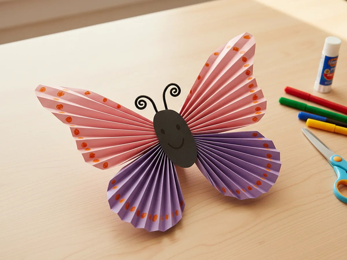 A finished accordion paper folding butterfly in pink and purple with hand-drawn dot decorations on the wings, displayed on a white craft table