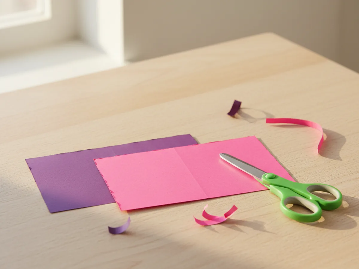 Two colorful paper rectangles cut from pink and purple origami paper on a white craft table, ready for folding