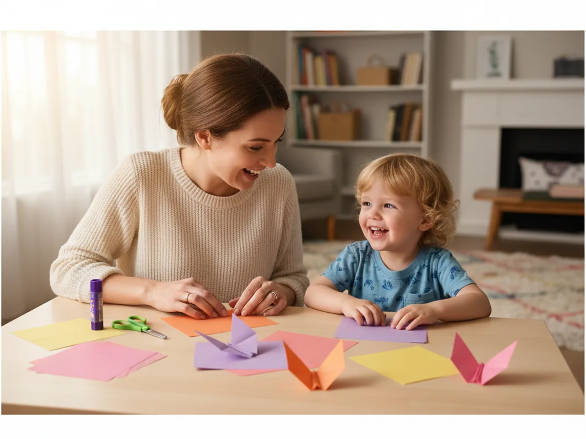 A mom and young child sitting together at a craft table, ready to start a paper folding butterfly craft with colorful paper strips