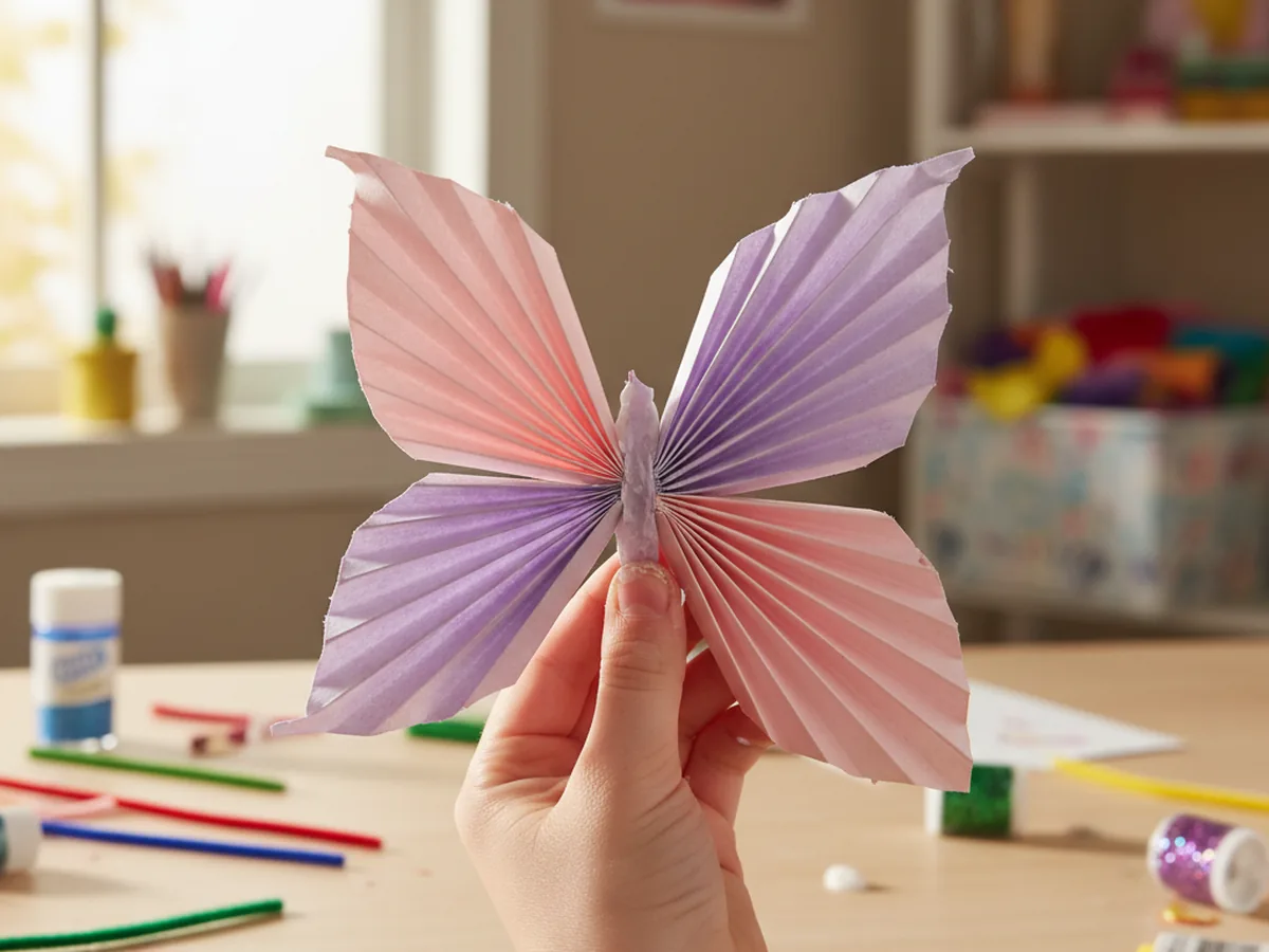 Two accordion-folded paper strips pinched together at the center, crossed at a slight angle to form the four wings of a paper butterfly