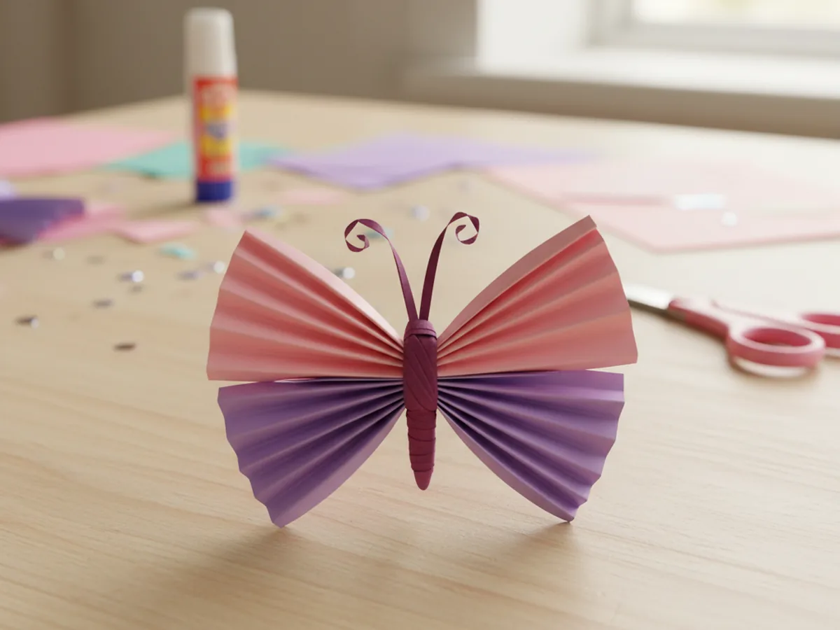 A thin dark paper strip being wrapped around the center of two crossed accordion-folded strips to form the butterfly body and antennae