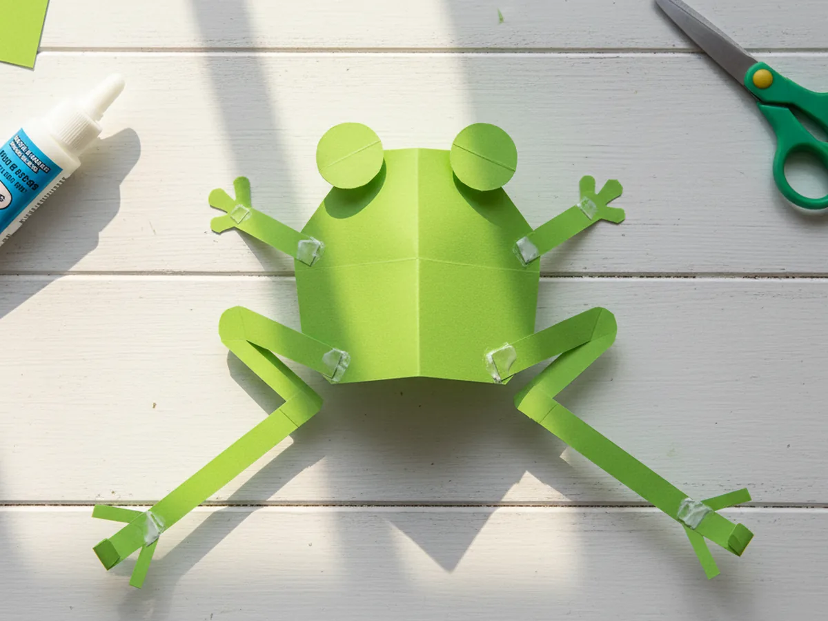 The assembled green paper frog with all four legs attached, back legs angled outward to look like the frog is ready to jump