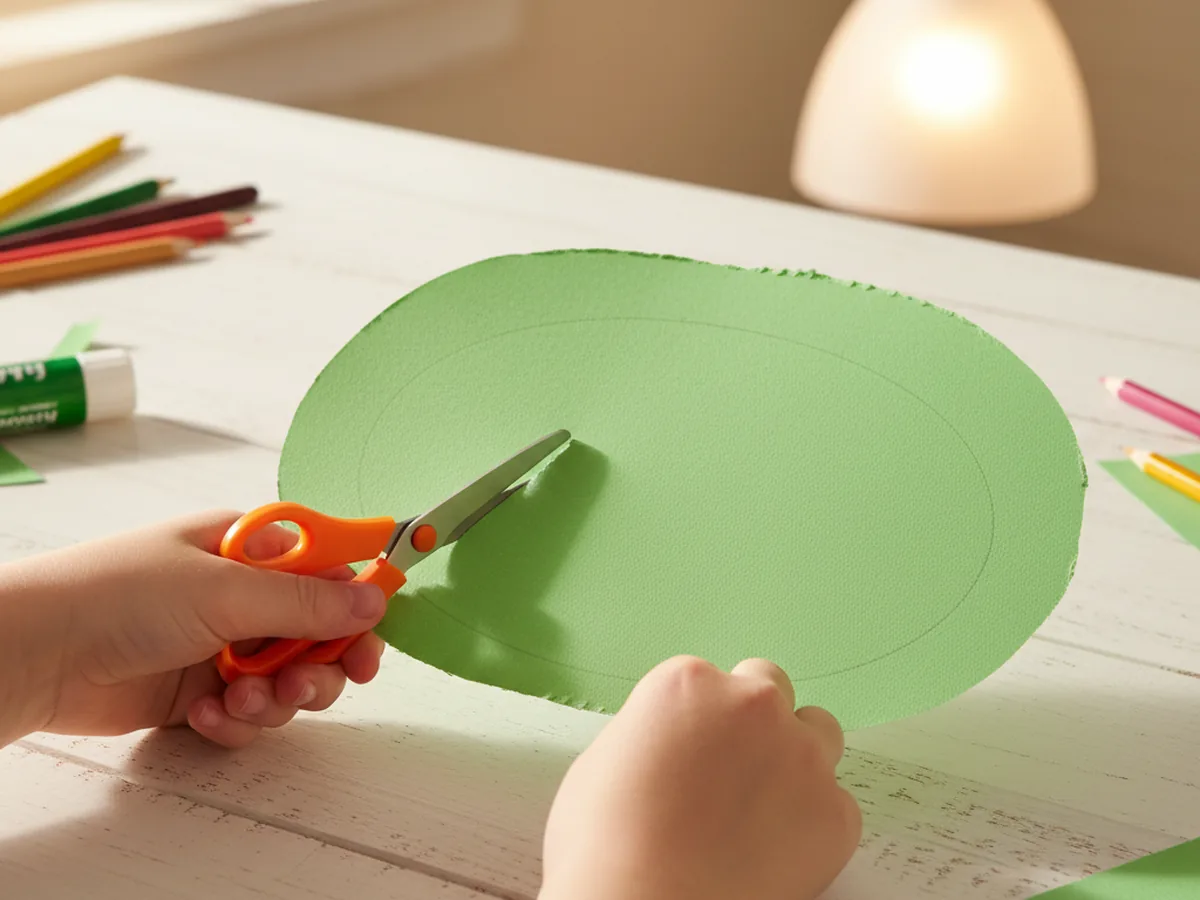 A child cutting out a large green oval frog body shape from construction paper using child-safe scissors on a craft table