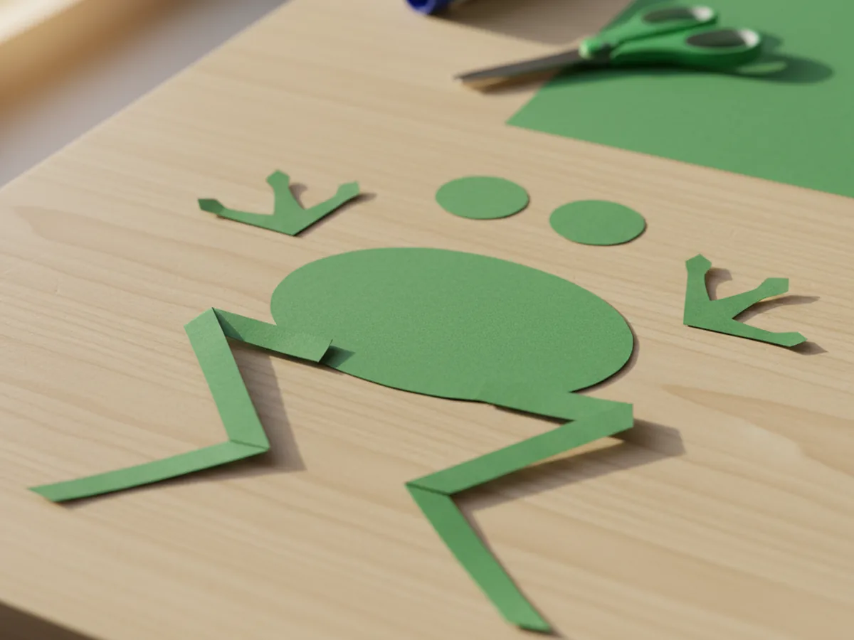Four green paper frog leg shapes cut out and arranged on a craft table next to the oval frog body