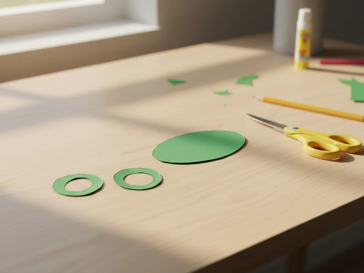 Two green paper circles cut out for the frog eye bumps, placed next to the frog body on a white craft table
