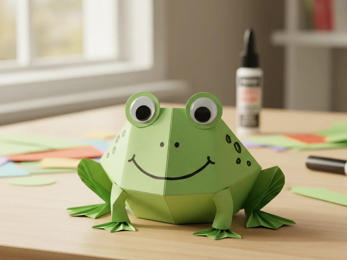 The finished green paper frog craft with googly eyes, a black marker smile, and decorative spots, displayed on a white craft table
