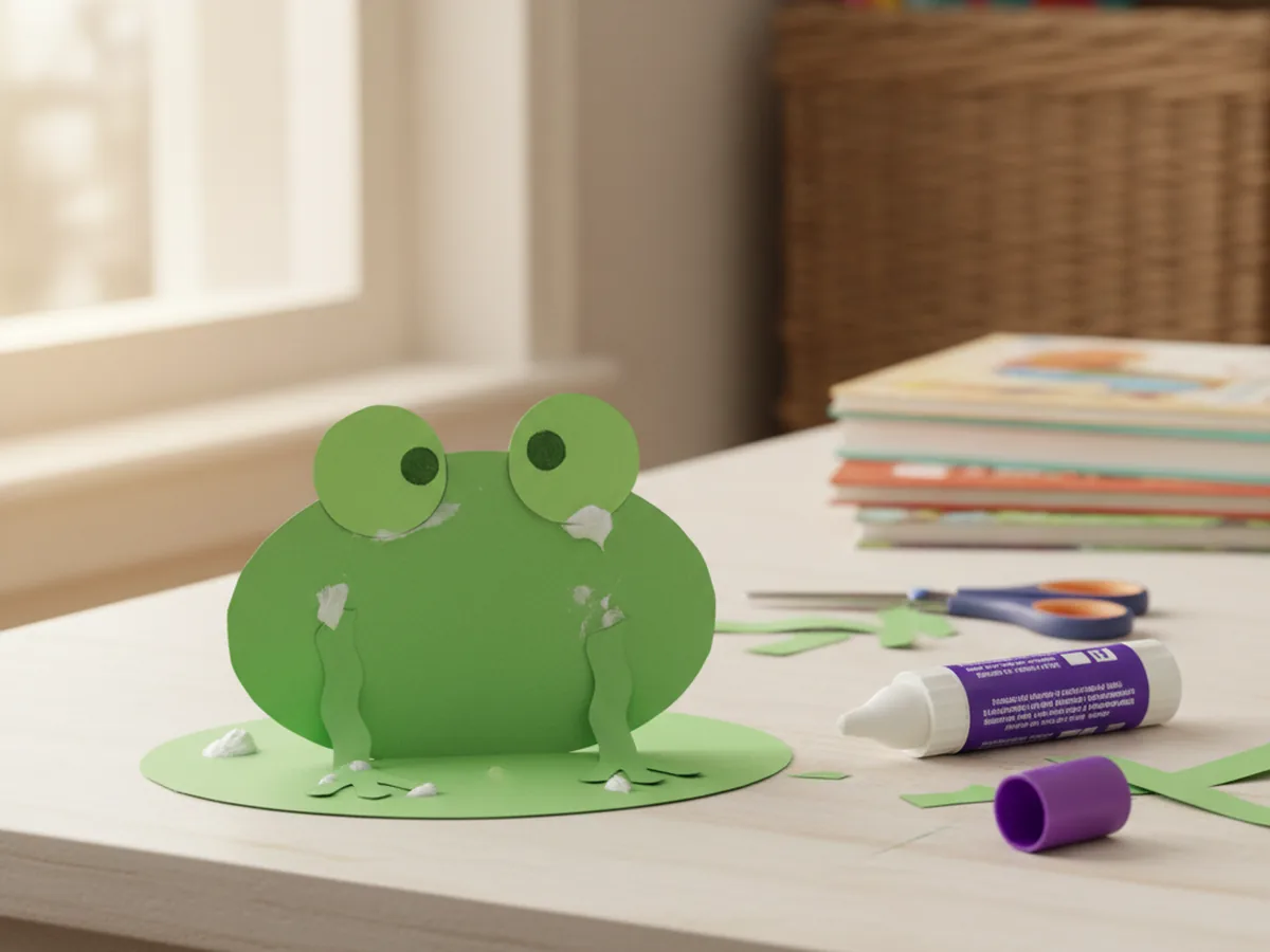 The green frog body with two circular eye bumps glued to the top and two front legs glued to the lower sides