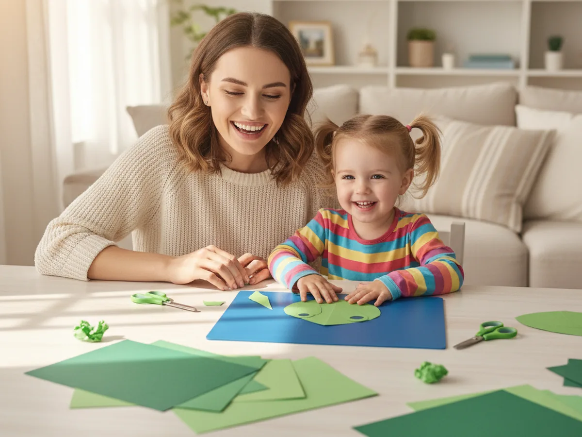 A mom and young child sitting at a craft table, smiling and working on a paper frog craft together with green construction paper and scissors