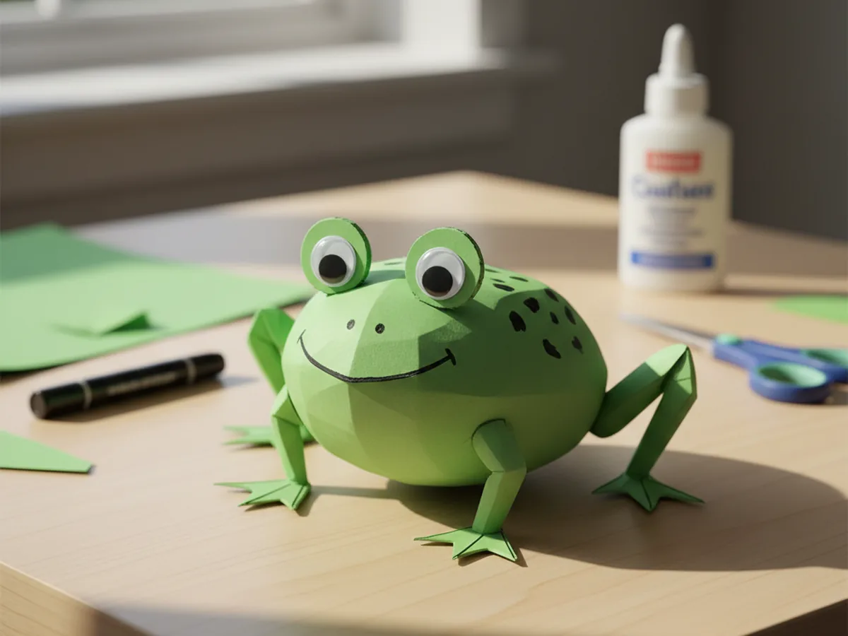 Finished cute green paper frog craft made from construction paper on a white craft table