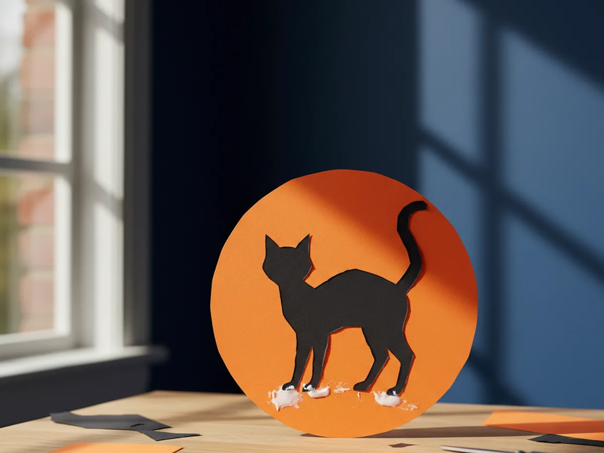 Handmade paper black cat silhouette glued onto a large orange circle representing a full moon, bold Halloween craft