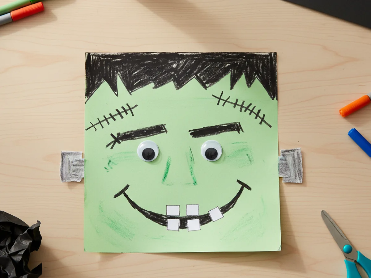 Handmade paper Frankenstein face with green construction paper, black paper hair, grey bolt rectangles, and drawn stitches