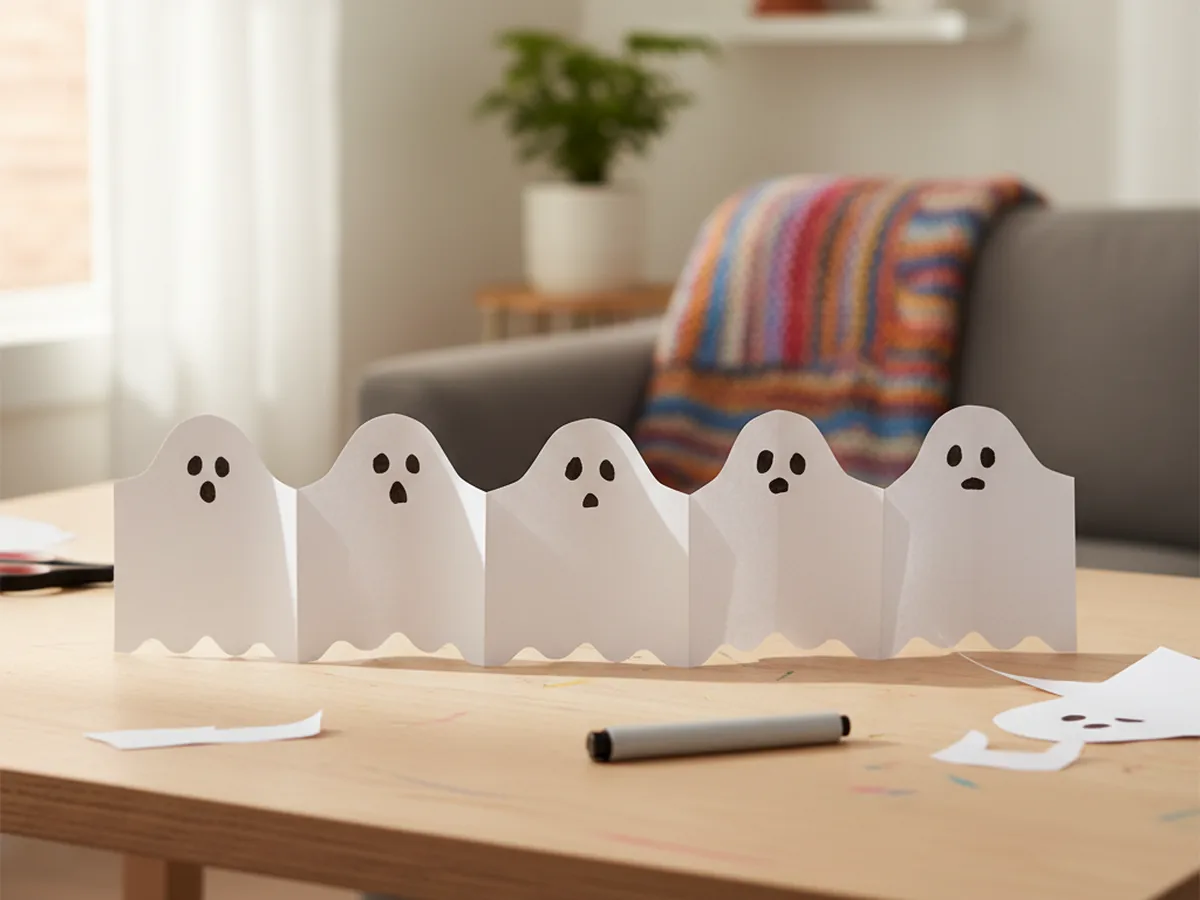 Handmade paper ghost garland made from accordion-folded white paper with five connected ghost shapes on a light wood surface