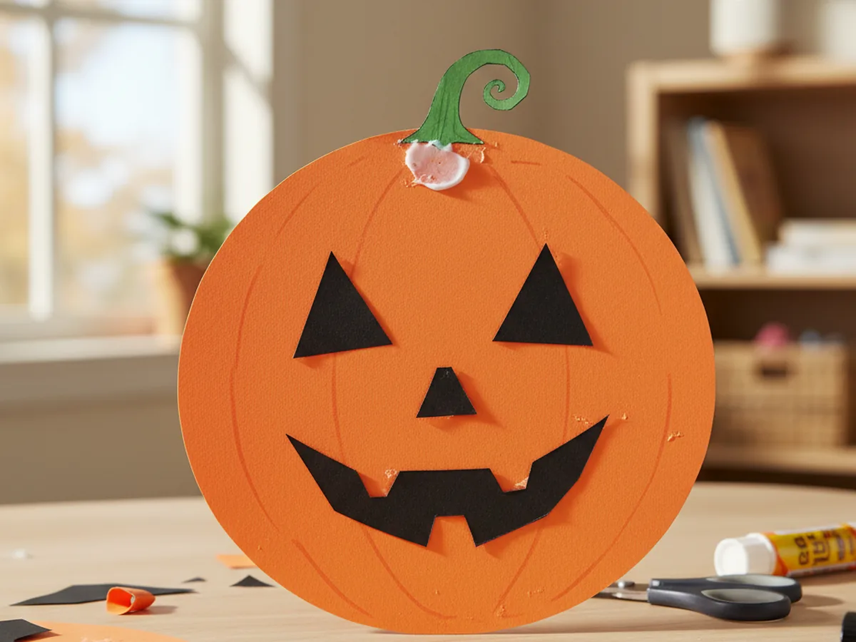 Handmade paper jack-o-lantern made from an orange cardstock circle with cut-out black paper triangular eyes and a jagged smiling mouth