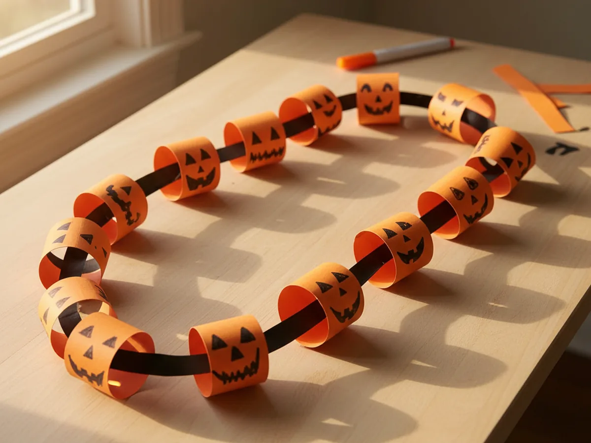 Handmade paper pumpkin chain garland with orange loop rings decorated with jack-o-lantern faces on a light wood surface