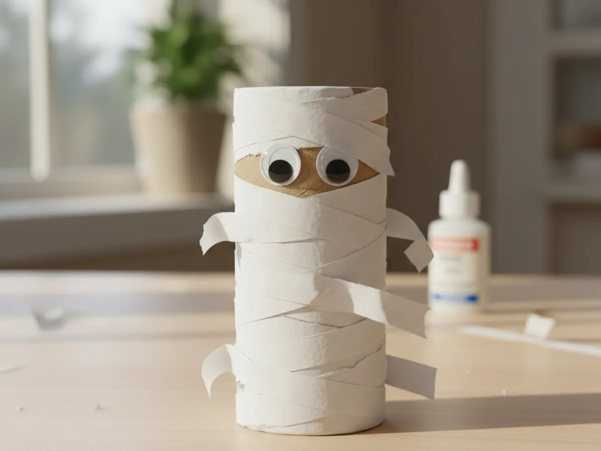Handmade paper roll mummy craft wrapped in white paper strips with two googly eyes peeking out, standing on a craft table