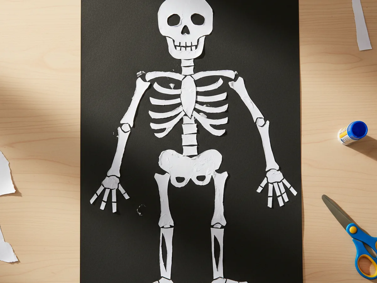 Handmade paper skeleton collage with white oval and rectangle shapes arranged as skull, ribcage, arms, and legs on black background