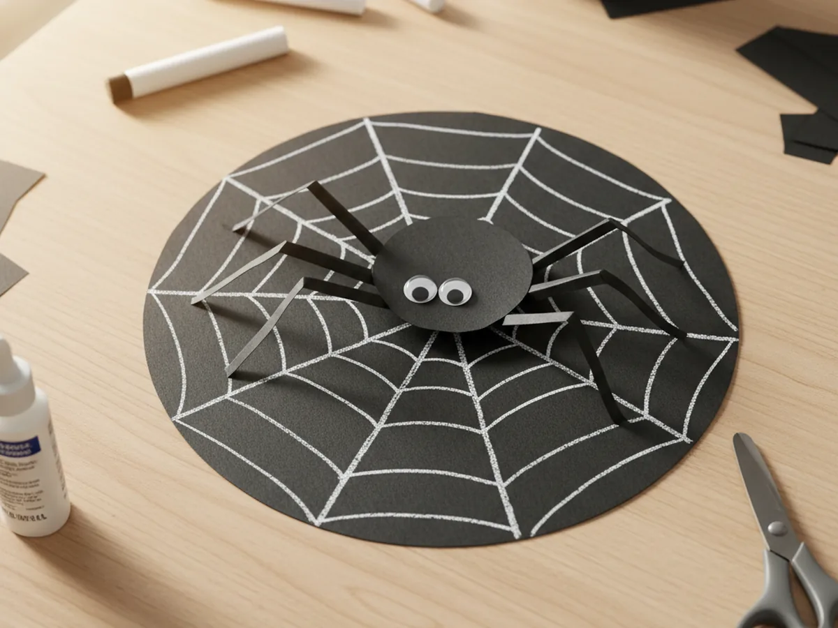 Handmade paper spider with accordion-fold black legs sitting on a chalk marker spider web drawn on black construction paper