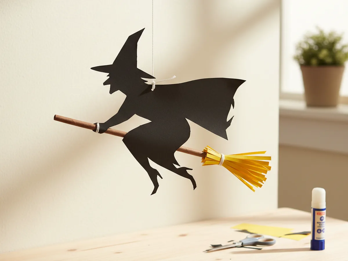 Handmade paper witch silhouette with pointy hat attached to a broomstick made from brown paper with yellow fringe bristles
