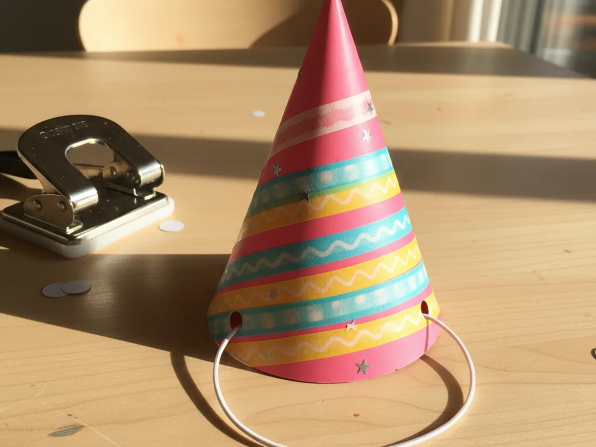 A pink paper cone hat with two small holes punched at the bottom rim and a thin white elastic cord threaded through to form a chin strap