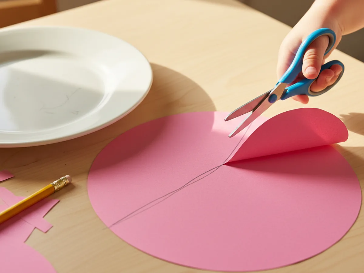 A child's hand cutting a large pink cardstock half circle on a wooden craft table, with a dinner plate used as a tracing guide nearby