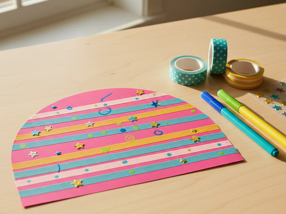 A pink cardstock half circle decorated with colorful washi tape stripes, marker dots, and small star stickers laid flat on a craft table