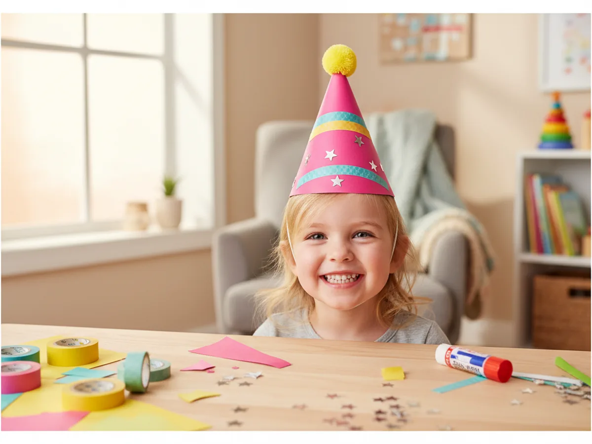 A young child wearing a finished pink and yellow paper hat craft with washi tape stripes, a fluffy pom pom on top, and a thin elastic chin strap, smiling at a craft table