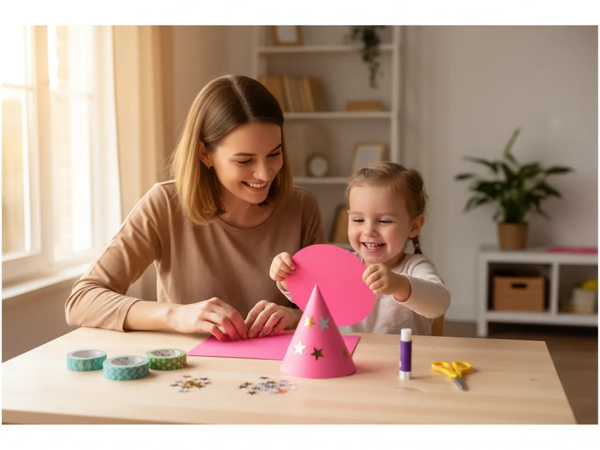 A mom and young child sitting at a craft table, smiling and starting a paper hat craft together with bright cardstock, washi tape, and markers