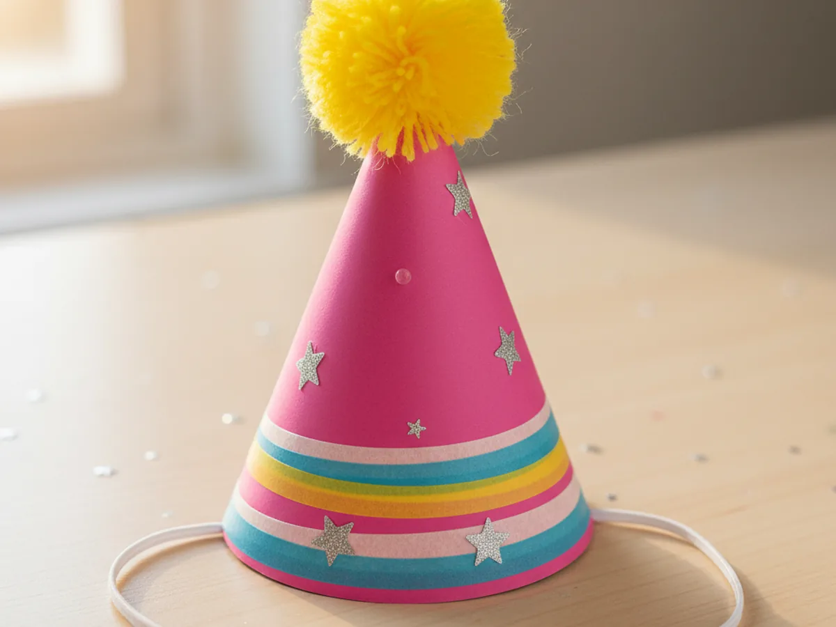A fluffy yellow pom pom being glued onto the top point of a decorated pink paper cone hat resting on a wooden craft table