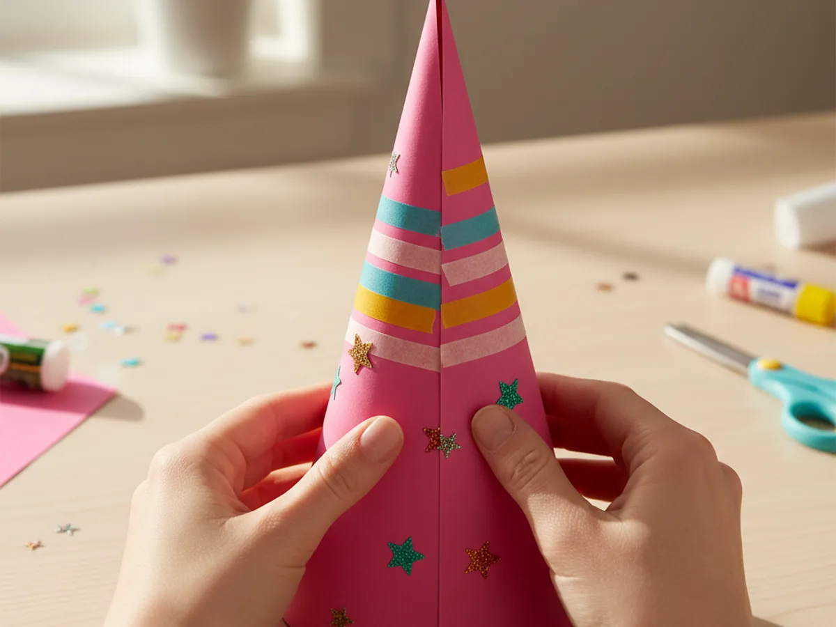 A decorated pink cardstock half circle rolled into a tall cone shape with the two straight edges overlapping along a vertical seam