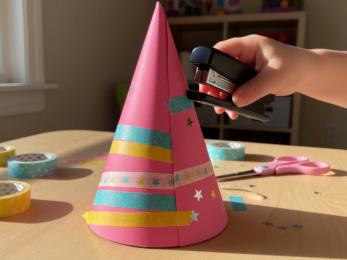 A small stapler closing the vertical seam of a pink cone shaped paper hat, with the cone standing upright on a craft table