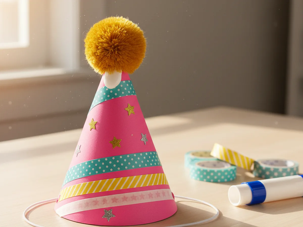 Finished paper hat craft cone party hat in pink and yellow cardstock with washi tape stripes, a fluffy pom pom on top, and a thin elastic chin strap on a craft table