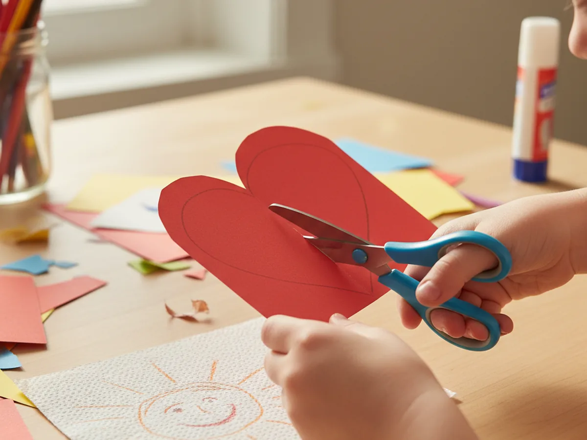 A child cutting along the curved pencil line on folded red construction paper with child-safe scissors
