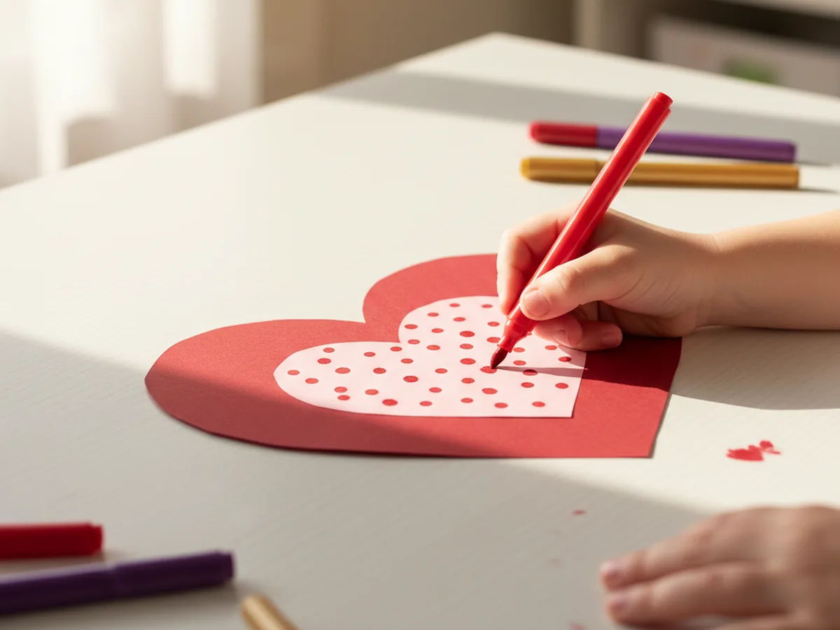 A child decorating a pink layered paper heart with red polka dots using washable markers on a craft table
