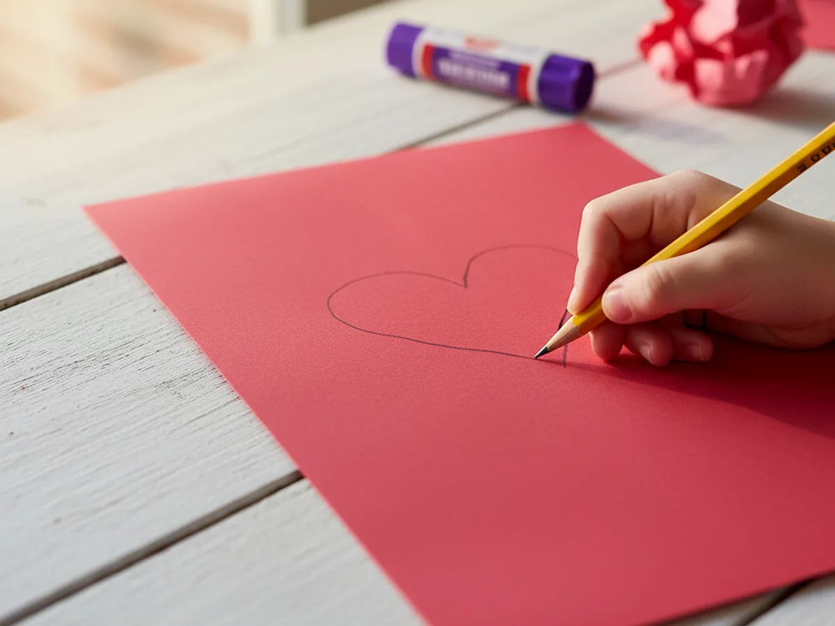 A child drawing a half-heart outline on folded red construction paper with a pencil on a white craft table