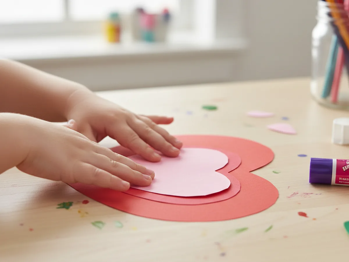 A child pressing a pink paper heart onto the center of a red paper heart using a glue stick on a craft table