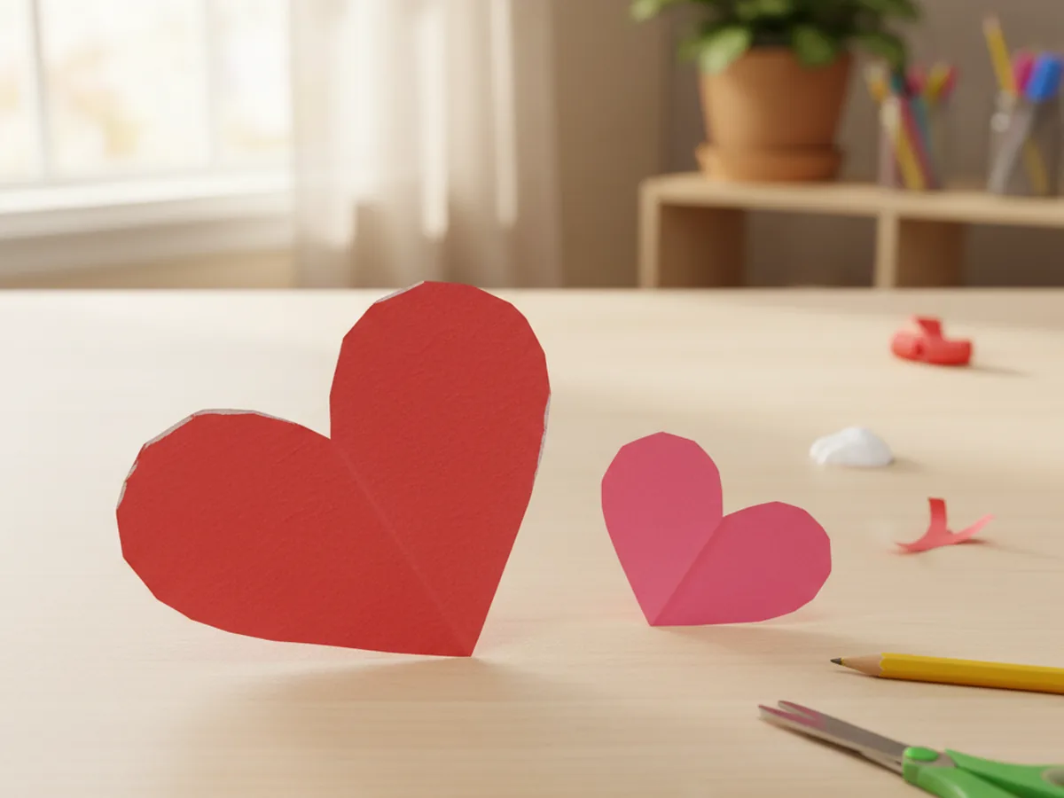 A large red paper heart and a smaller pink paper heart cut out and placed side by side on a white craft table
