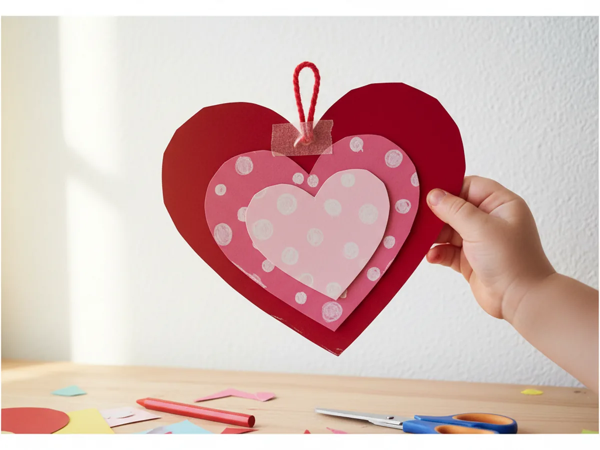 The finished decorated paper heart craft held up with a red yarn loop at the top, ready to hang on a wall