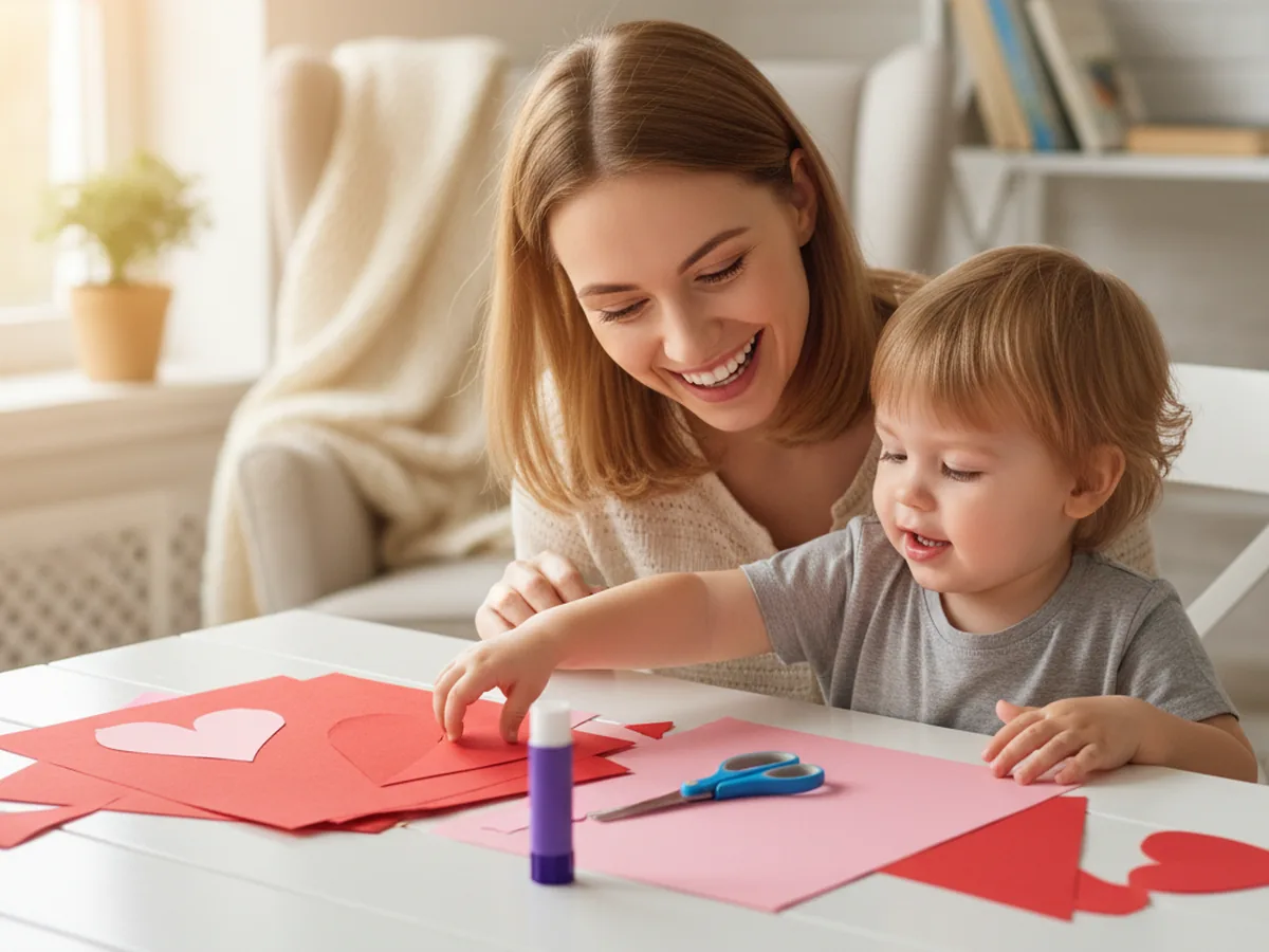 A mom and young child sitting at a craft table, excited to start making a paper heart craft together