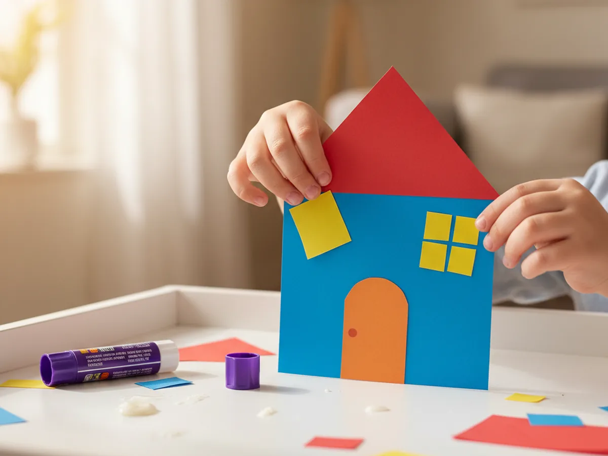 Yellow window squares and an orange door being glued onto the assembled construction paper house on a craft table