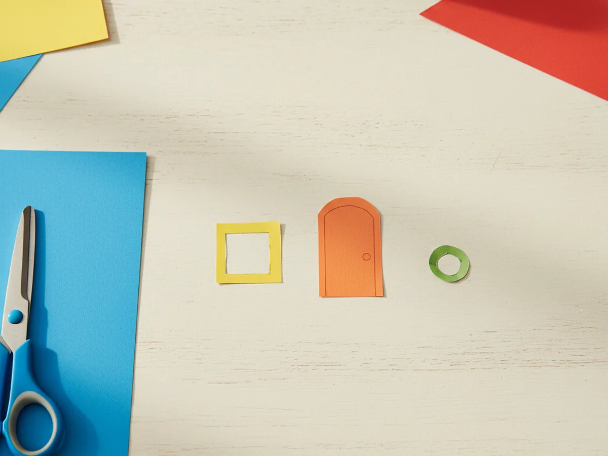Small yellow square windows and an orange door cut from construction paper, laid out next to the house body on a craft table