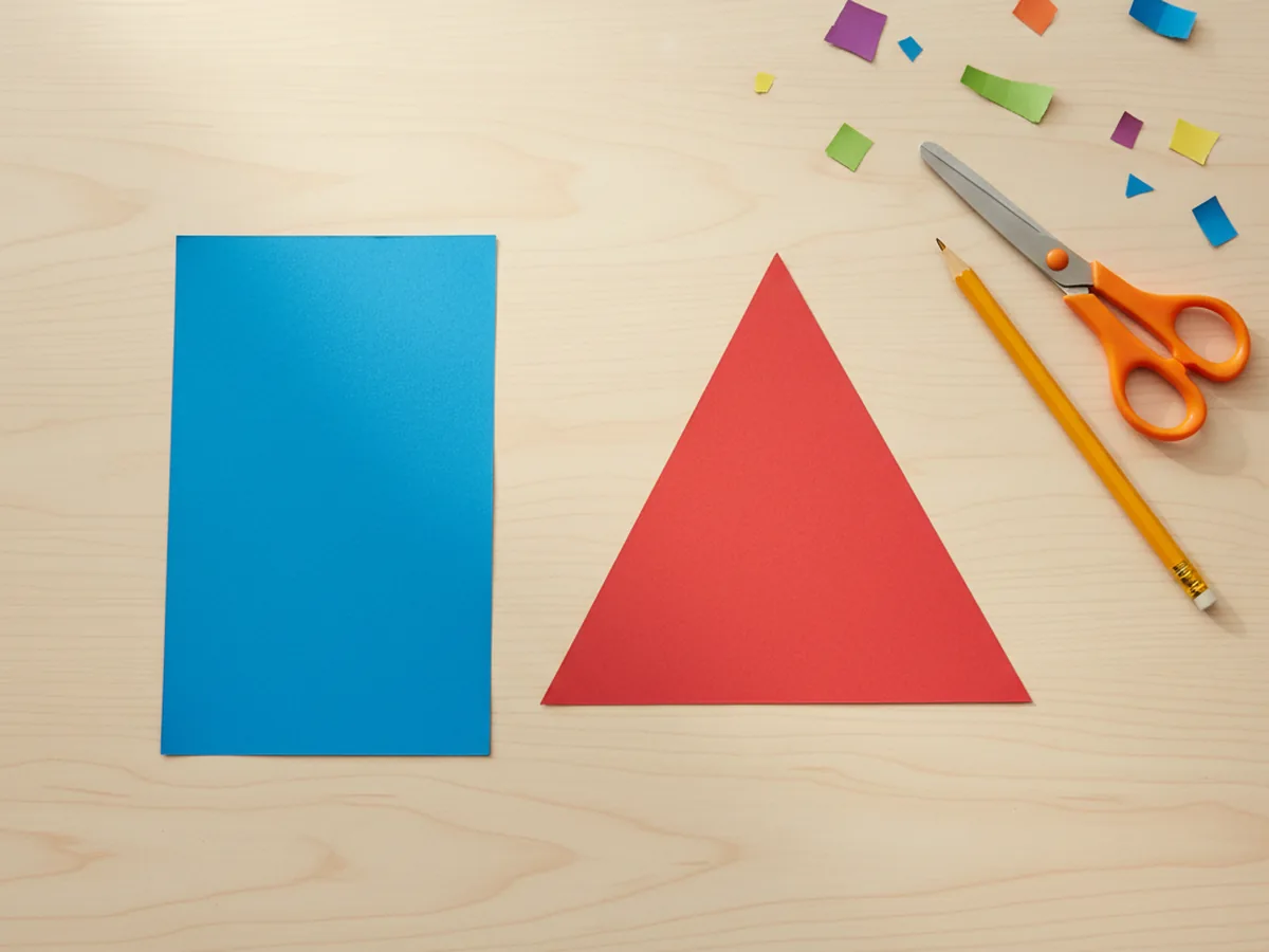 A large blue rectangle and a red triangle cut from construction paper on a white craft table, ready to become a paper house