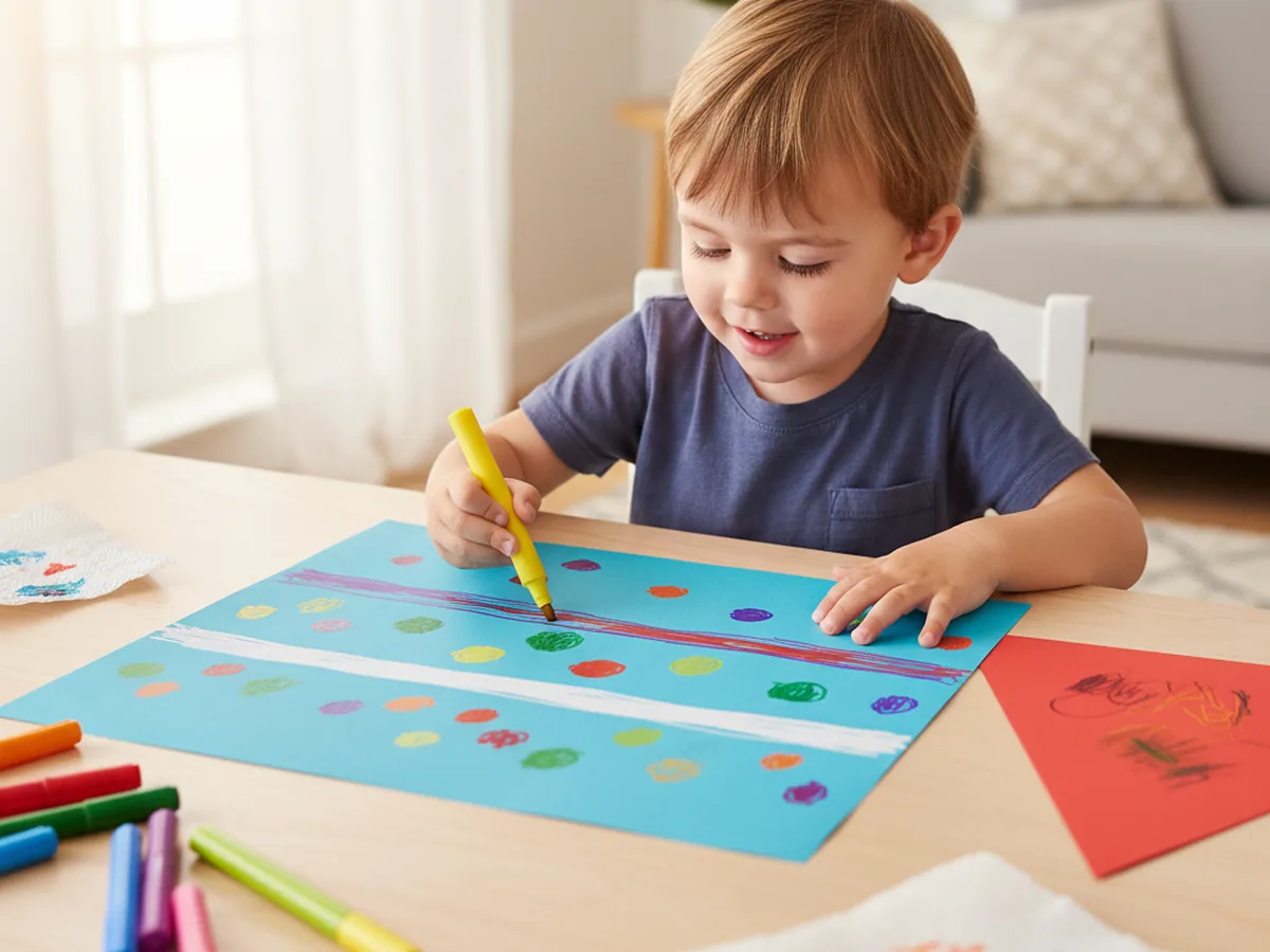 A child decorating the blue construction paper house body with colorful washable markers, adding stripes and dot patterns