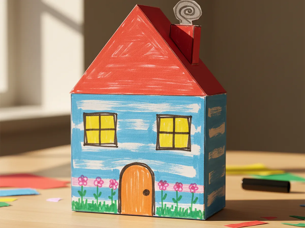 Finished paper house craft with marker details including window frames, a flower box, a doorknob, and small garden flowers at the base