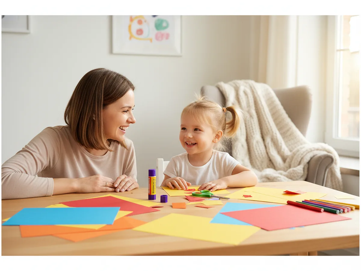 A mom and young child sitting together at a craft table, smiling and ready to start making the paper house craft
